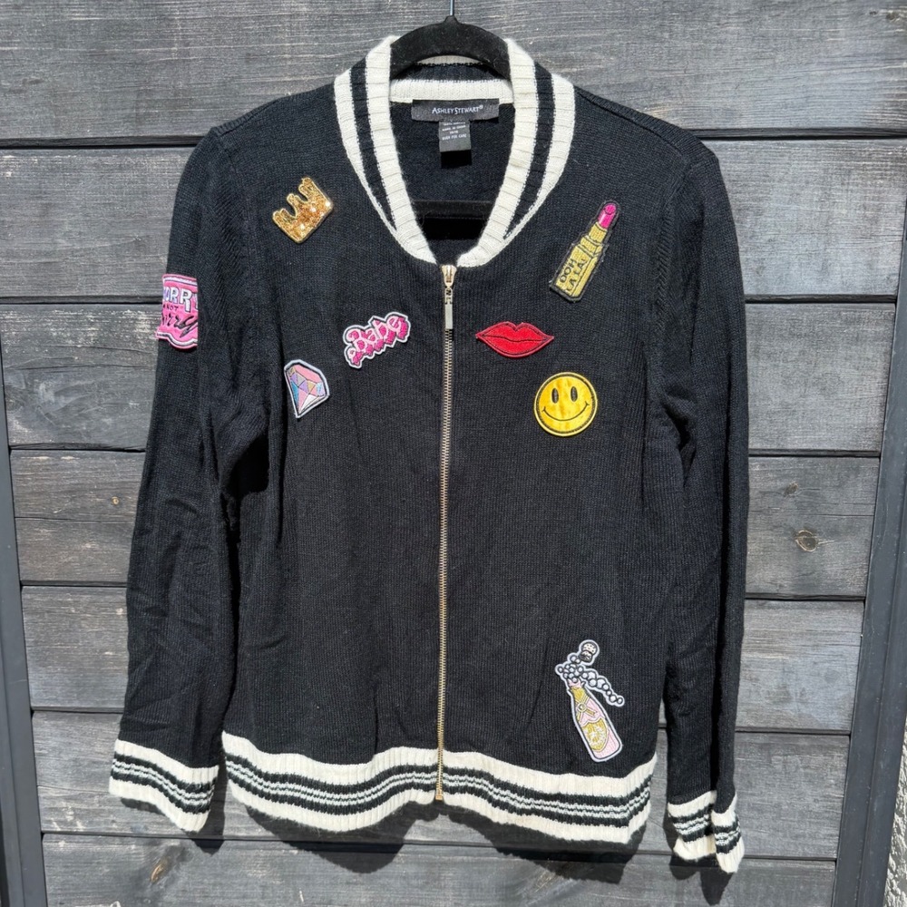 Ashley Stewart Womens Black Varsity Patch Zip Front Cardigan Sweater Queen 14/16
